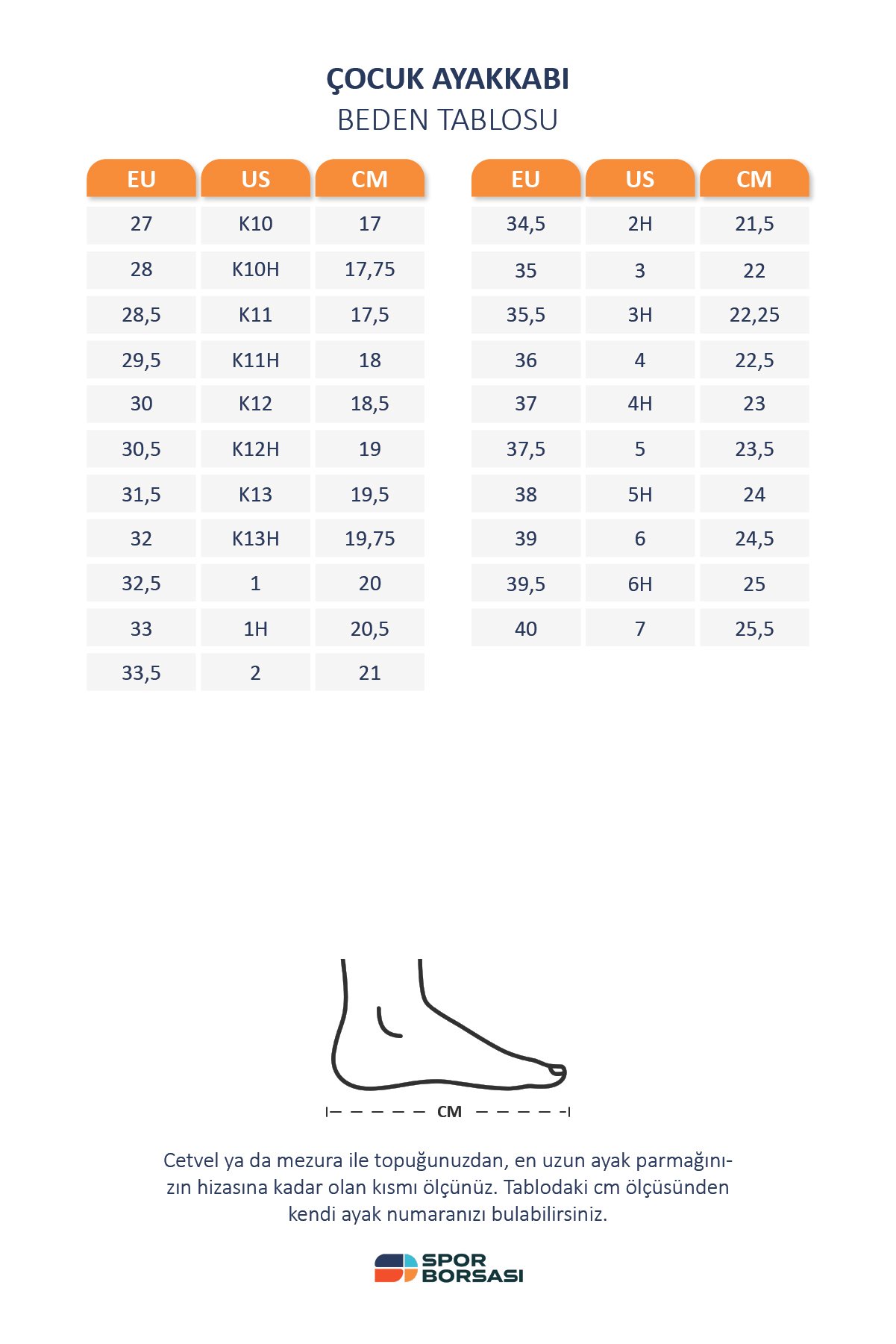 Asics çocuk ayakkabı beden tablosu, Asics çocuk voleybol ayakkabısı beden tablosu